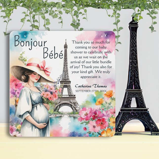 Cartão De Agradecimento Chá de fraldas de Bonjour Bebe Floral Eiffel Tower (Criador carregado)