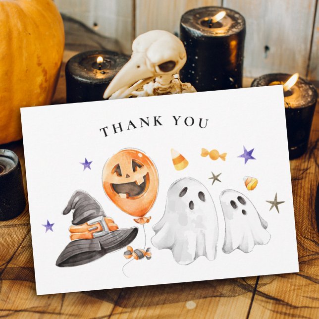 Cartão De Agradecimento Chá de fraldas de Boo Halloween (Thank you guests for your Halloween themed baby shower or birthday featuring watercolor ghosts.)