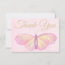 Cartão De Agradecimento Chá de fraldas de borboleta roxa e rosa Obrigado