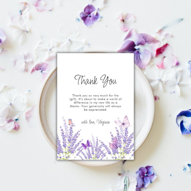 Cartão De Agradecimento Chá de fraldas de borboletas de Lavanda branca (Whimsical Lavender Floral Butterfly Baby Shower Thank You Card)