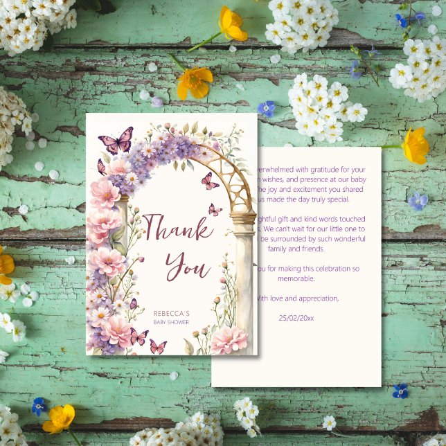 Cartão De Agradecimento Chá de fraldas de borboletas pastas de jardim ento (Enchanted garden pastel butterflies baby shower thank you card vintage floral arch watercolor)