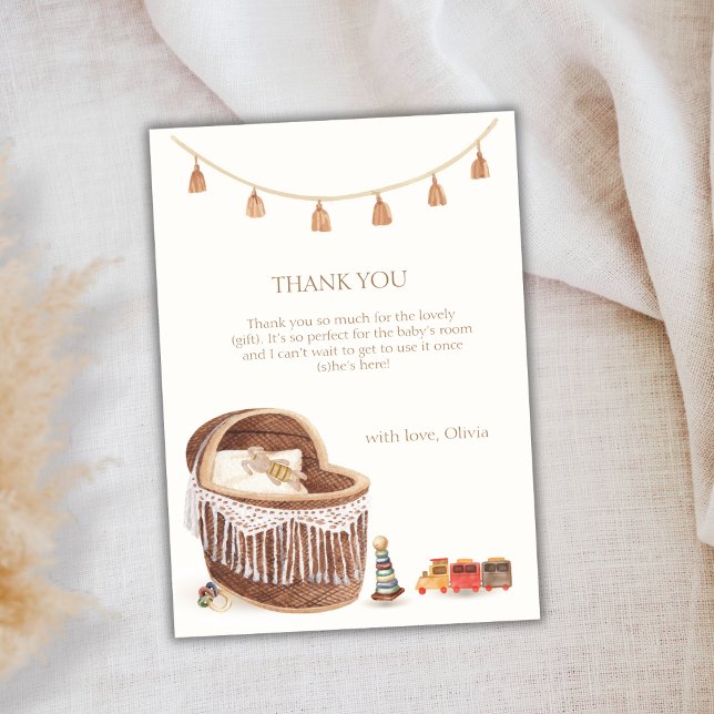 Cartão De Agradecimento Chá de fraldas de Brinquedo Cute Boho Bassinet Neu (Gender Neutral Cute Boho Bassinet Toy Baby Shower Thank You Card)