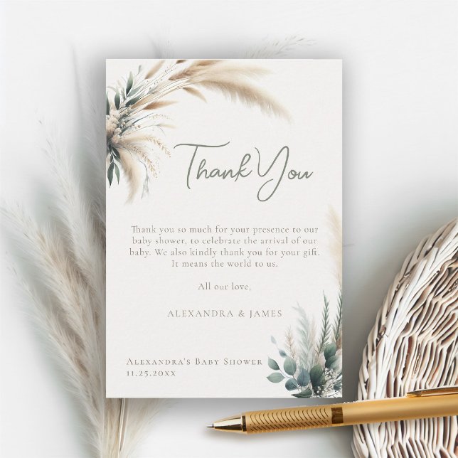Cartão De Agradecimento Chá de fraldas de Caligrafia Boho Pampas Greenery  (boho baby shower thank you card pampas greenery watercolor sage green beige neutral)