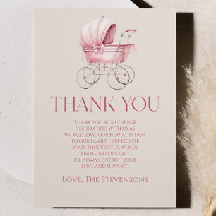 Cartão De Agradecimento Chá de fraldas de Carruagem de Bebê Rosa Elegante