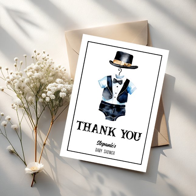 Cartão De Agradecimento Chá de fraldas de chapéu preto de smoking (Little man black tuxedo and hat gentleman baby shower thank you cards)