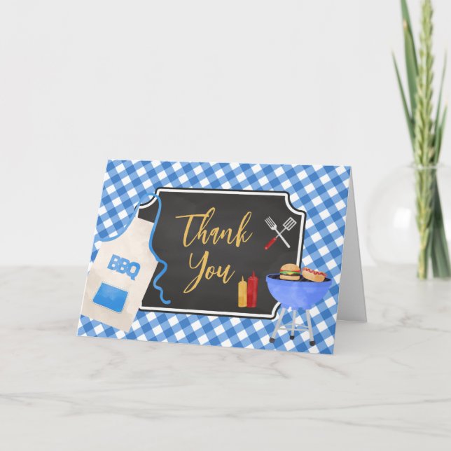 Cartão De Agradecimento Chá de fraldas de CHURRASCO Gingham Azul (Frente)