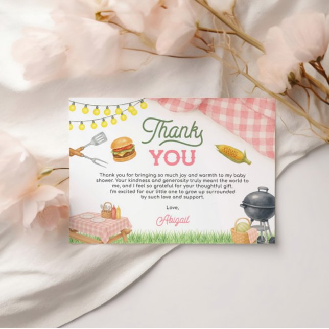 Cartão De Agradecimento Chá de fraldas de CHURRASCO rosa 5x3.5 (Pink BBQ Baby Shower 5x3.5 Thank You Card)