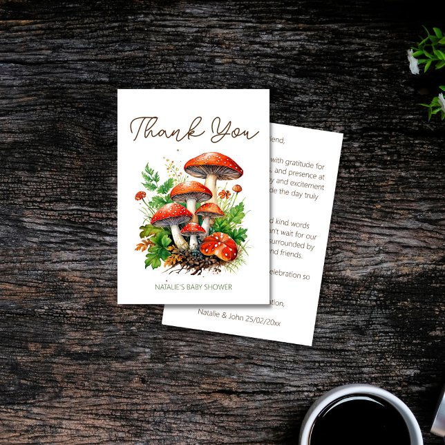 Cartão De Agradecimento Chá de fraldas de cogumelos florestais selvagens (Wild forest red mushrooms green fern baby shower thank you card enchanted forest magic mushroom)
