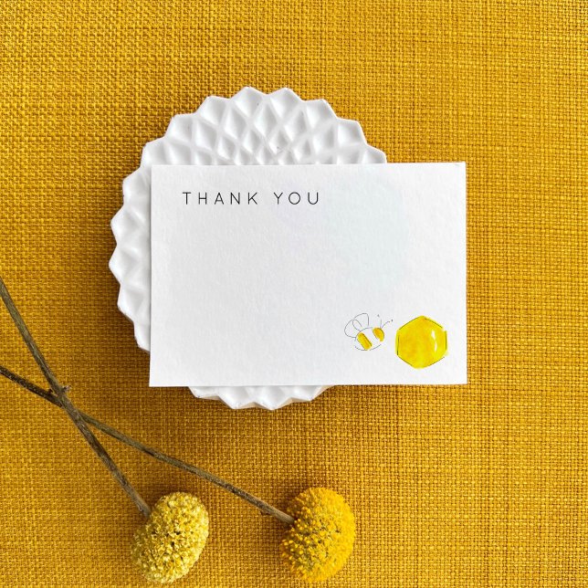 Cartão De Agradecimento Chá de fraldas de Colmeia de Abelha Amarelo (Watercolor buzzing bee and honeycomb Thank You yellow baby shower watercolor note card.)