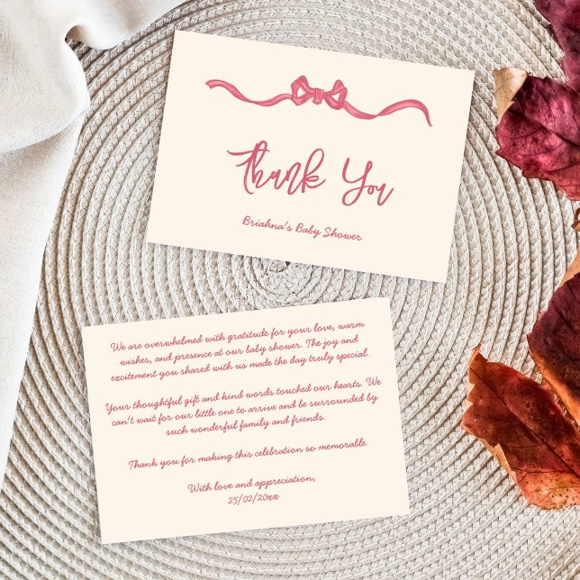 Cartão De Agradecimento Chá de fraldas de desenho do arco de fita rosa (Pink ribbon bow sketch baby shower thank you card whimsical handwritten baby shower thank you card)