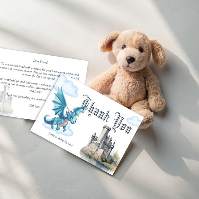 Cartão De Agradecimento Chá de fraldas de dragão azul-medieval (Medieval cute blue baby dragon baby shower thank you cards fantasy dragon thank you cards)