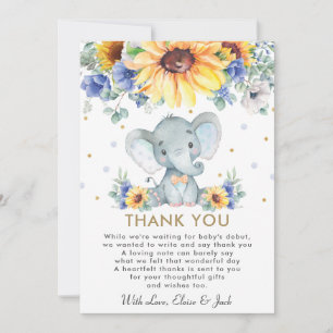 Cartão De Agradecimento Chá de fraldas de Elefante Floral de Girassol Azu