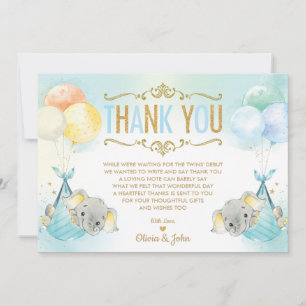 Cartão De Agradecimento Chá de fraldas de Elefante Twin Baby Boys