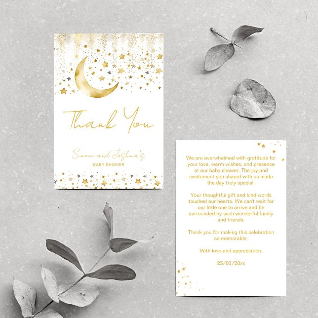 Cartão De Agradecimento Chá de fraldas de estrela giratória (Twinkle twinkle little star baby shower thank you card gold moon and stars simple boho thank you)