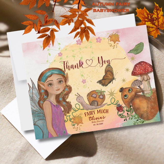 Cartão De Agradecimento Chá de fraldas De Fada De Outono Whimsso Obrigado  (Whimsical Autumn Fairy Baby Shower Thank You Note)