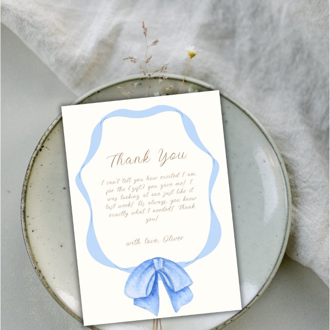 Cartão De Agradecimento Chá de fraldas de fita do Arco de vinheta azul (Blue Vintage Bow Ribbon Boy Baby Shower Thank You Card)