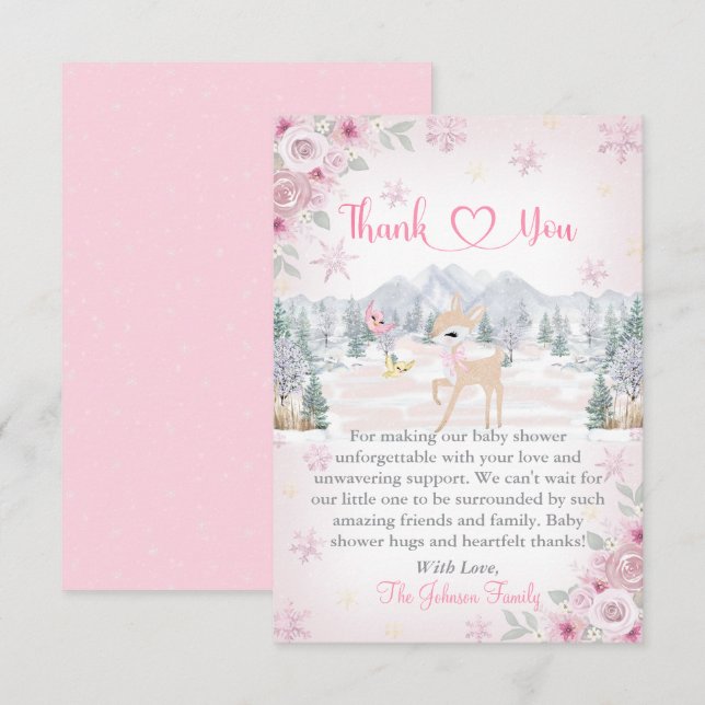 Cartão De Agradecimento Chá de fraldas de floco de neve Rosa-Cerveja (Frente/Verso)