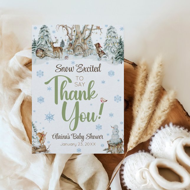 Cartão De Agradecimento Chá de fraldas de flocos de neve de animais de inv (Cute Snow Excited to say Thank You mommy-to-be name baby shower thank you card, winter animals)