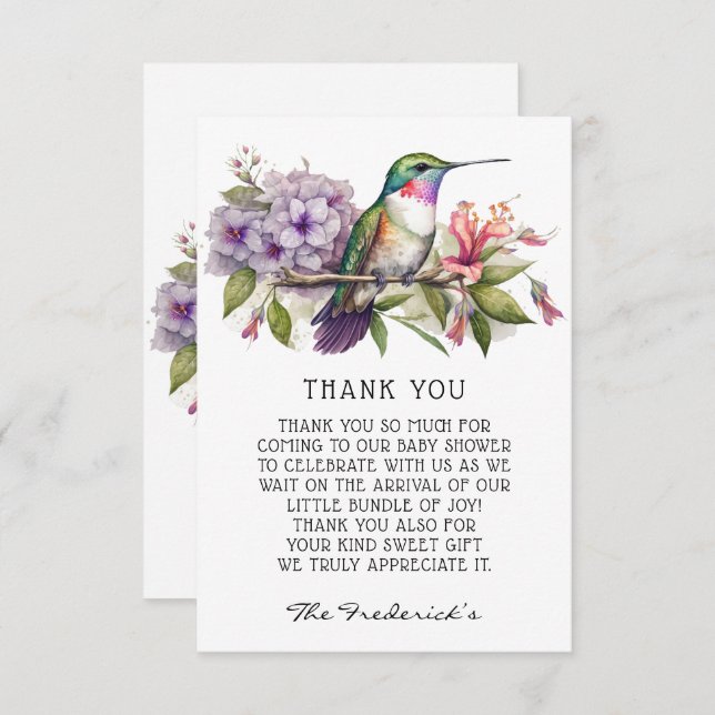 Cartão De Agradecimento Chá de fraldas de Flora de Beija-Pássaro Bonito Ob (Frente/Verso)
