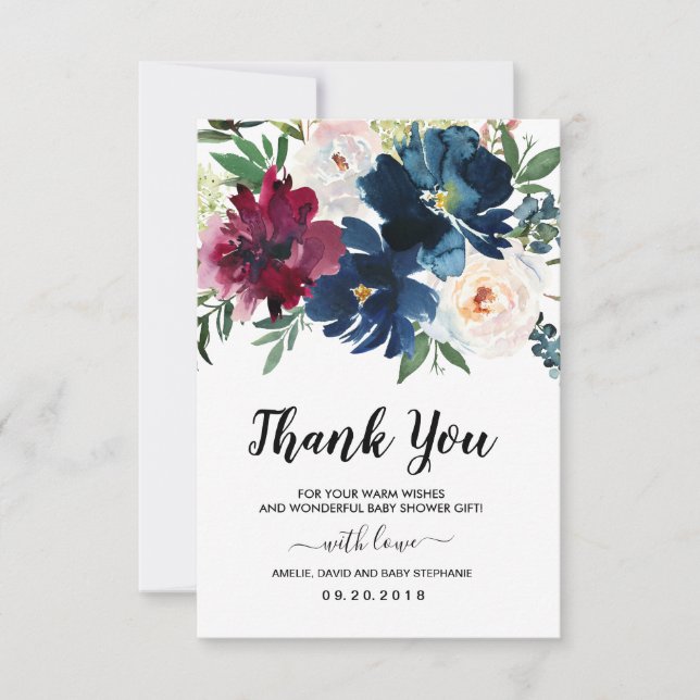 Cartão De Agradecimento Chá de fraldas de Flores Marinhos Burgundy Obrigad (Frente)