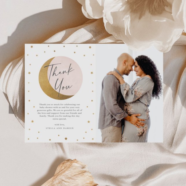 Cartão De Agradecimento Chá de fraldas de fotos das luas e estrelas (Gold Moon and Stars Pink Girls Baby Shower Photo Thank You Card.)