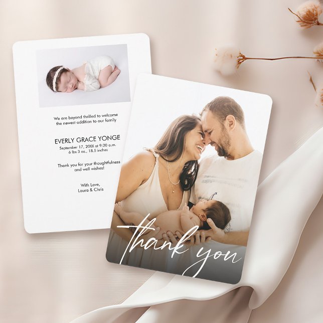 Cartão De Agradecimento Chá de fraldas de Fotos de Menininha com Script de (Customizable baby shower thank you photo birth announcement thank you card.)