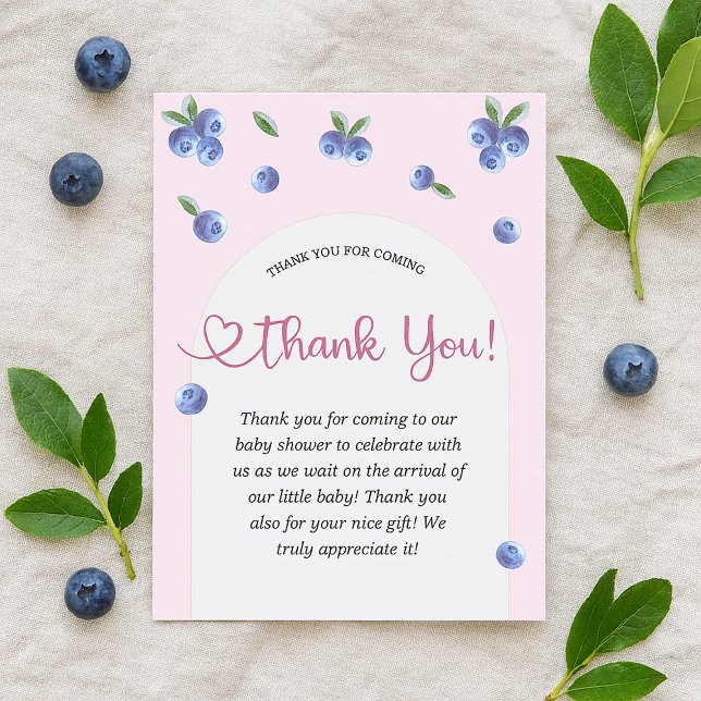 Cartão De Agradecimento Chá de fraldas de Garota de Água Doce de Blueberry (Blueberry Sweet Watercolor Girl Baby Shower Thank You Card)