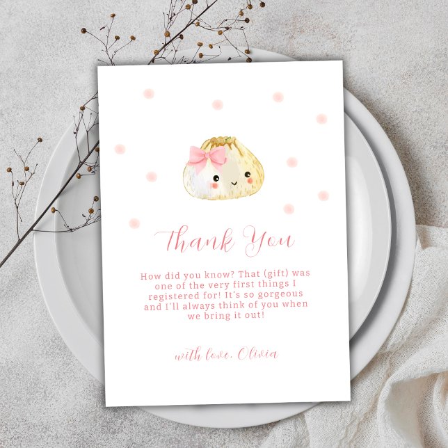 Cartão De Agradecimento Chá de fraldas De Garota Rosa Doce (Pink Sweet Little Dumpling Girl Baby Shower Thank You Card)