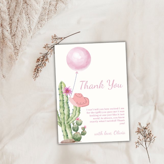 Cartão De Agradecimento Chá de fraldas de Garota-Vaca-Flor Pinky Cactus Ba (Pinky Flower Cactus Balloon Cowgirl Baby Shower Thank You Card)