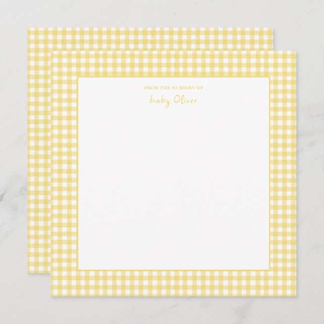 Cartão De Agradecimento Chá de fraldas de gingham branco e amarelo (Frente/Verso)