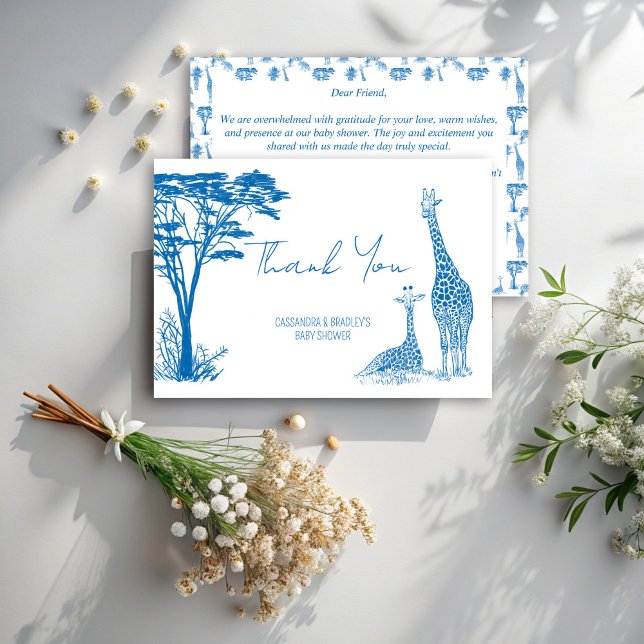 Cartão De Agradecimento Chá de fraldas de girafa azul Safari (Safari blue toile de jouy giraffe cute African animals baby shower thank you cards)