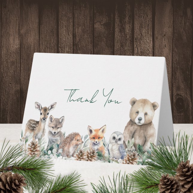 Cartão De Agradecimento Chá de fraldas de inverno para animais de madeira  (This cute woodland animals baby shower thank you card features winter greenery.)