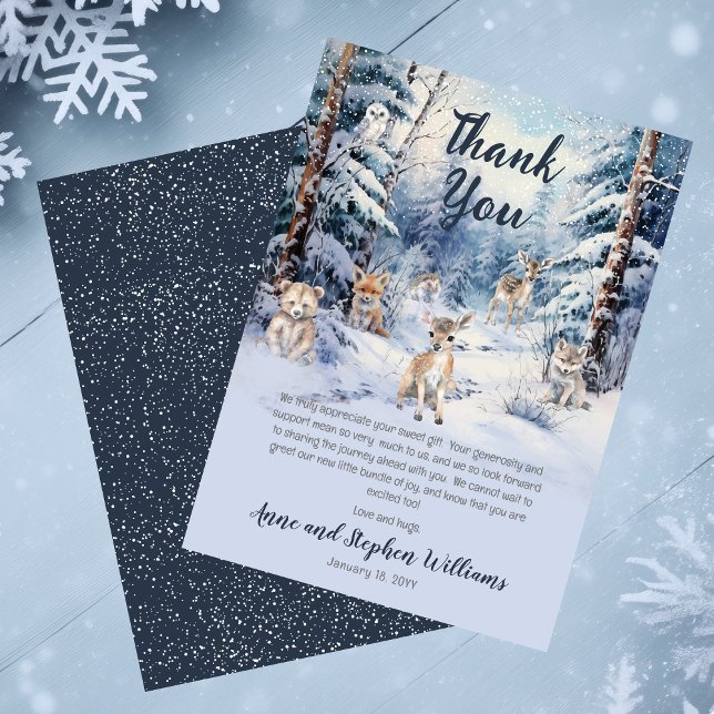 Cartão De Agradecimento Chá de fraldas de Inverno para Bebês da Madeira (Blue Rustic Woodland Animals Baby It's Cold Outside Boy Baby Shower | Sprinkle Thank You Card)