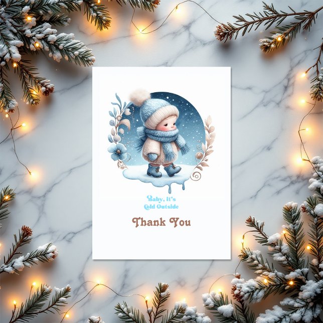 Cartão De Agradecimento chá de fraldas de inverno "Querida está fria lá fo ("Baby It’s Cold Outside" Winter Baby Shower Thank You Card)
