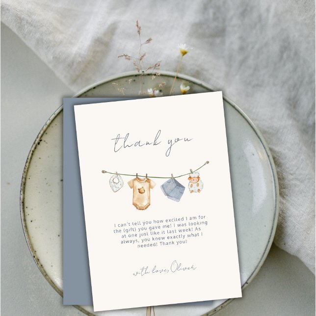 Cartão De Agradecimento Chá de fraldas de Linha de Tela Simples e Bonita (Cute Simple Boho Clothesline Baby Shower Thank You Card)