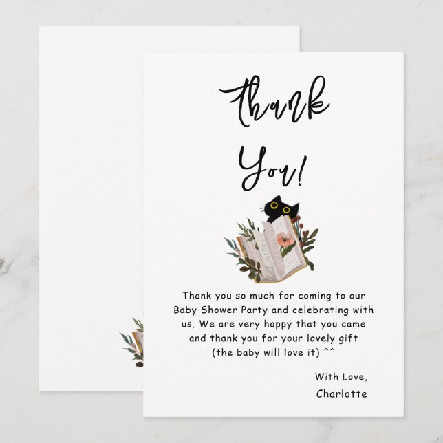 Cartão De Agradecimento Chá de fraldas de Livro e Gato Preto (Frente/Verso)