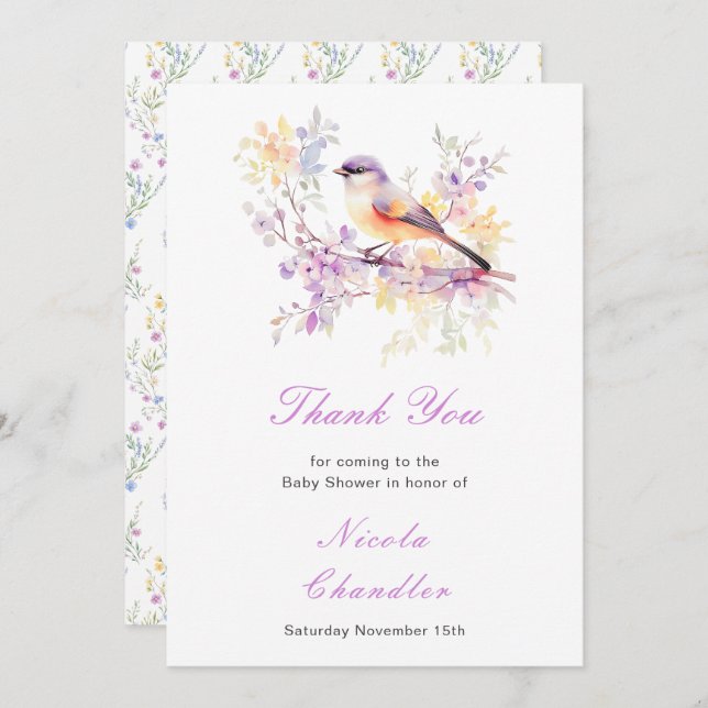 Cartão De Agradecimento Chá de fraldas de pássaro primavera (Frente/Verso)
