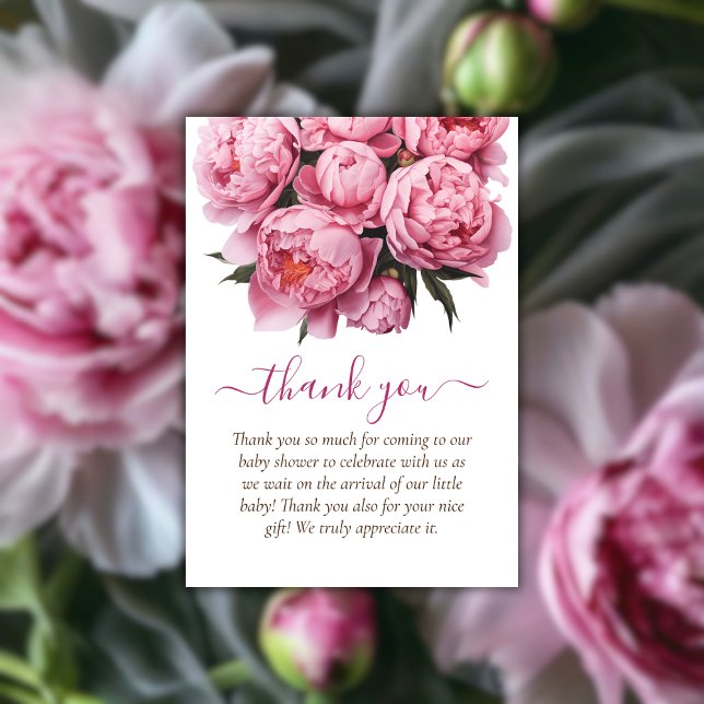 Cartão De Agradecimento Chá de fraldas de Peonias Rosa Obrigado (Pink Peonies Watercolor Baby Shower Thank You)
