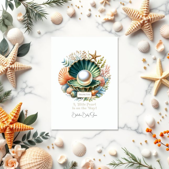 Cartão De Agradecimento Chá de fraldas de Pérolas de Seashell & Ocean Them (Seashell & Ocean Theme Little Pearl Baby Shower Thank You Card
)