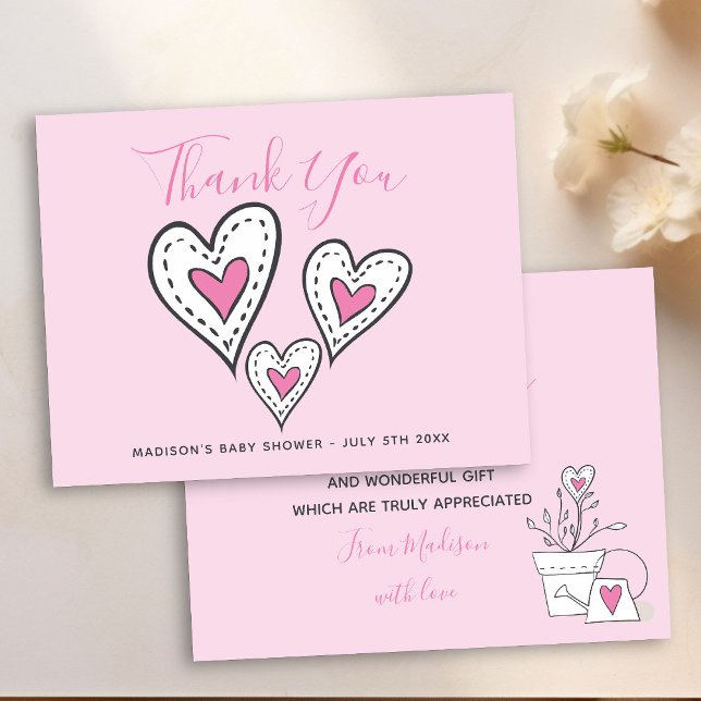 Cartão De Agradecimento Chá de fraldas de Planta de Coração Rosa (Pink thank you card with cute doodled love hearts)