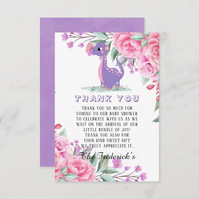 Cartão De Agradecimento Chá de fraldas De Rapariga De Dinossauro Puro Obri (Frente/Verso)