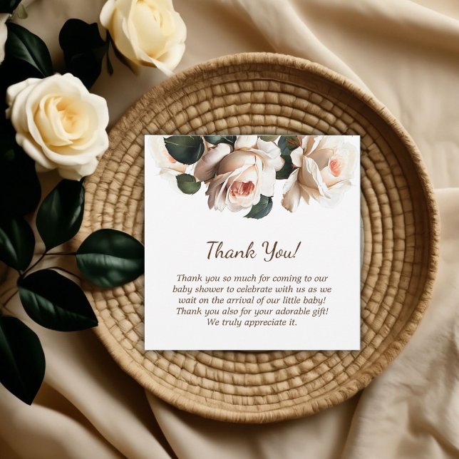 Cartão De Agradecimento Chá de fraldas de Rosa Beige Elegante (Elegant Beige Rose Girl Baby Shower Thank You Card)