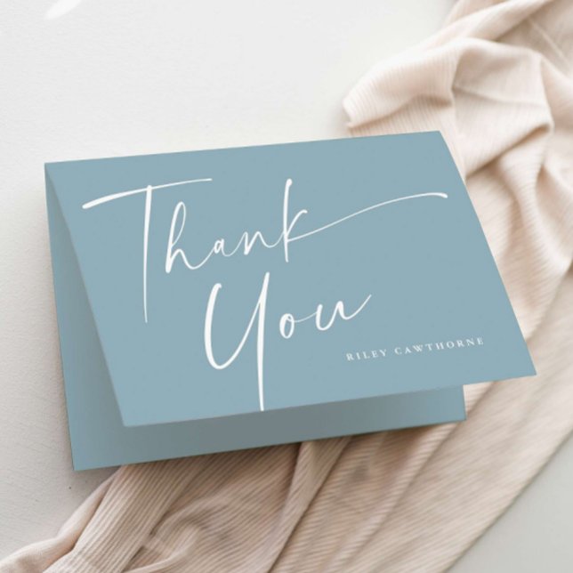 Cartão De Agradecimento Chá de fraldas de Script Elegante Moderno (Simple modern handwritten script boys baby shower thank you card.)