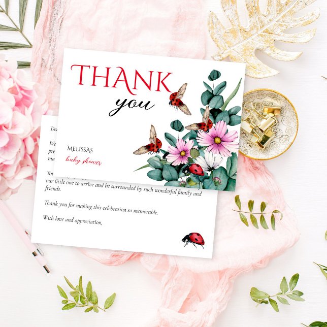 Cartão De Agradecimento Chá de fraldas de senhorita de inseto (Lady bug little lady spring summer girls baby shower thank you cards eucalyptus greenery cute bugs)