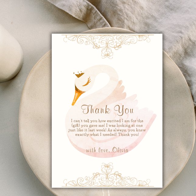 Cartão De Agradecimento Chá de fraldas de Swan Girl da Princesa Elegante V (Vintage Elegant Princess Swan Girl Baby Shower Thank You Card)