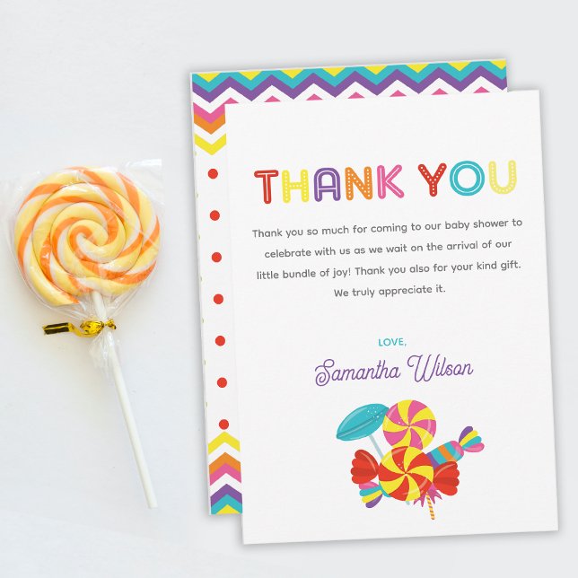 Cartão De Agradecimento Chá de fraldas de Tema de Doces e Doces (Colorful Sweet Fun Candy Baby Shower Thank You Card)