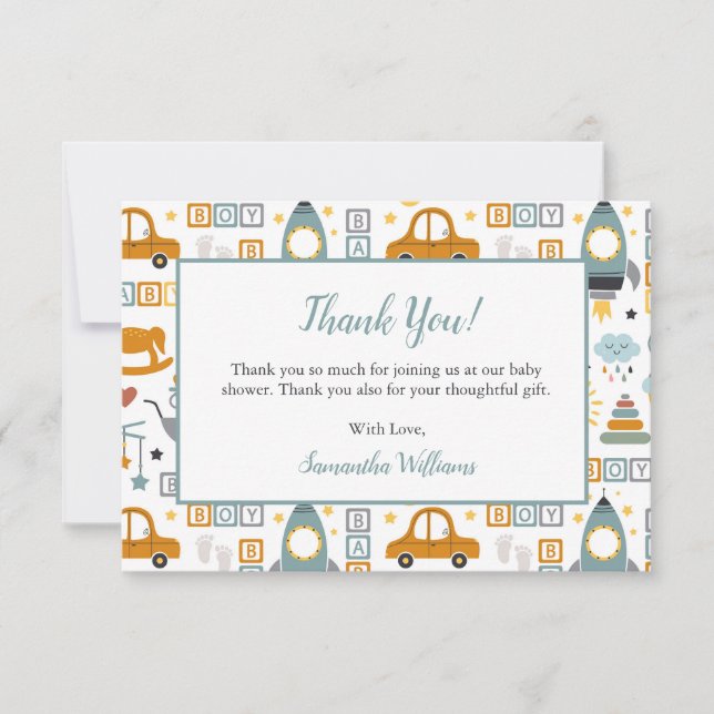 Cartão De Agradecimento Chá de fraldas de Teto de Brinquedo de Carro Bonit (Frente)