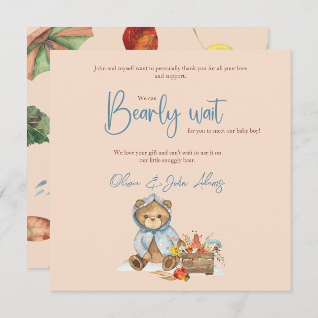 Cartão De Agradecimento Chá de fraldas de Urso de outono Obrigado, Urso de (Frente/Verso)