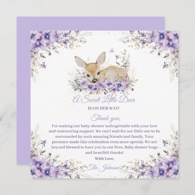 Cartão De Agradecimento Chá de fraldas de veado floral roxo, Lavanda-branc (Frente/Verso)