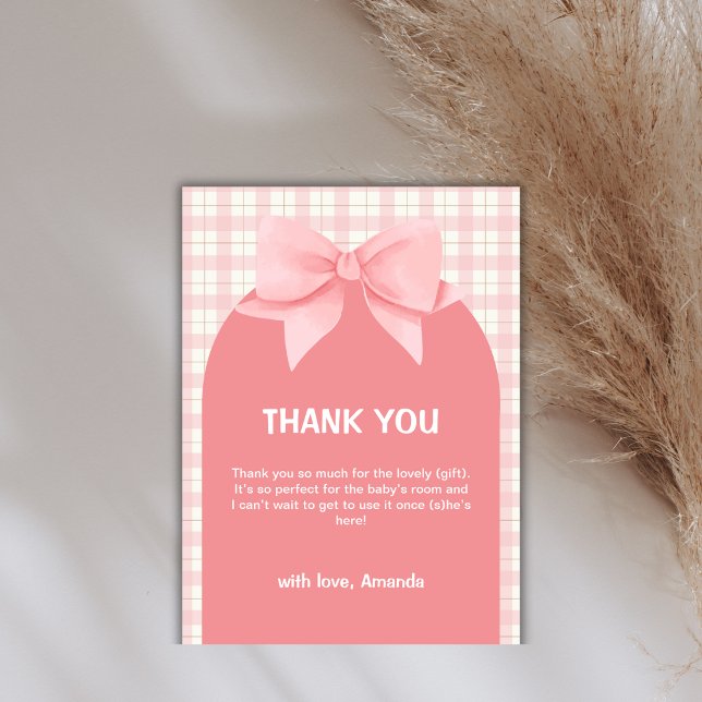 Cartão De Agradecimento Chá de fraldas de Xadrez Gingham Rosa, Arco de Arc (Pink Gingham Plaid Arch Bow Baby Shower Thank You)